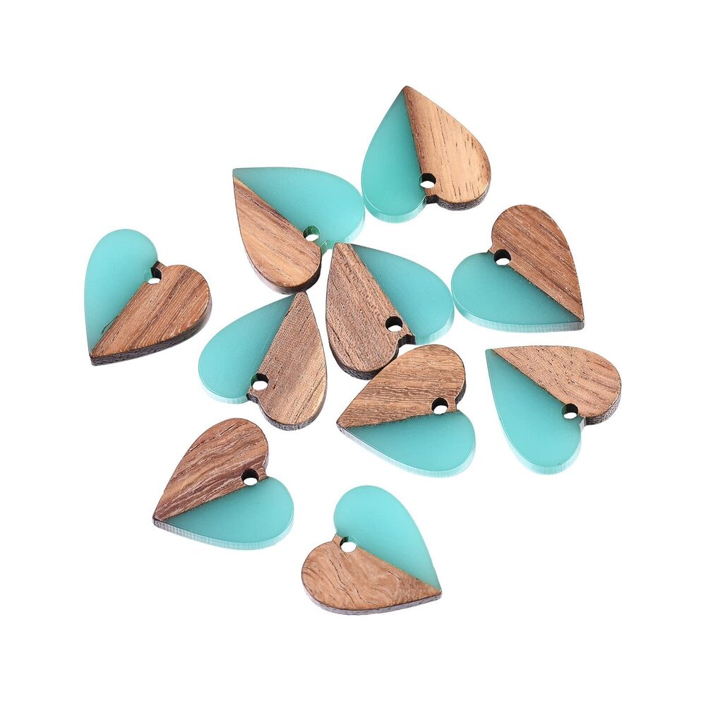 1373 10 Pcs Resin & Wood Pendants Sweet Heart Shape Wooden Turquoise Color